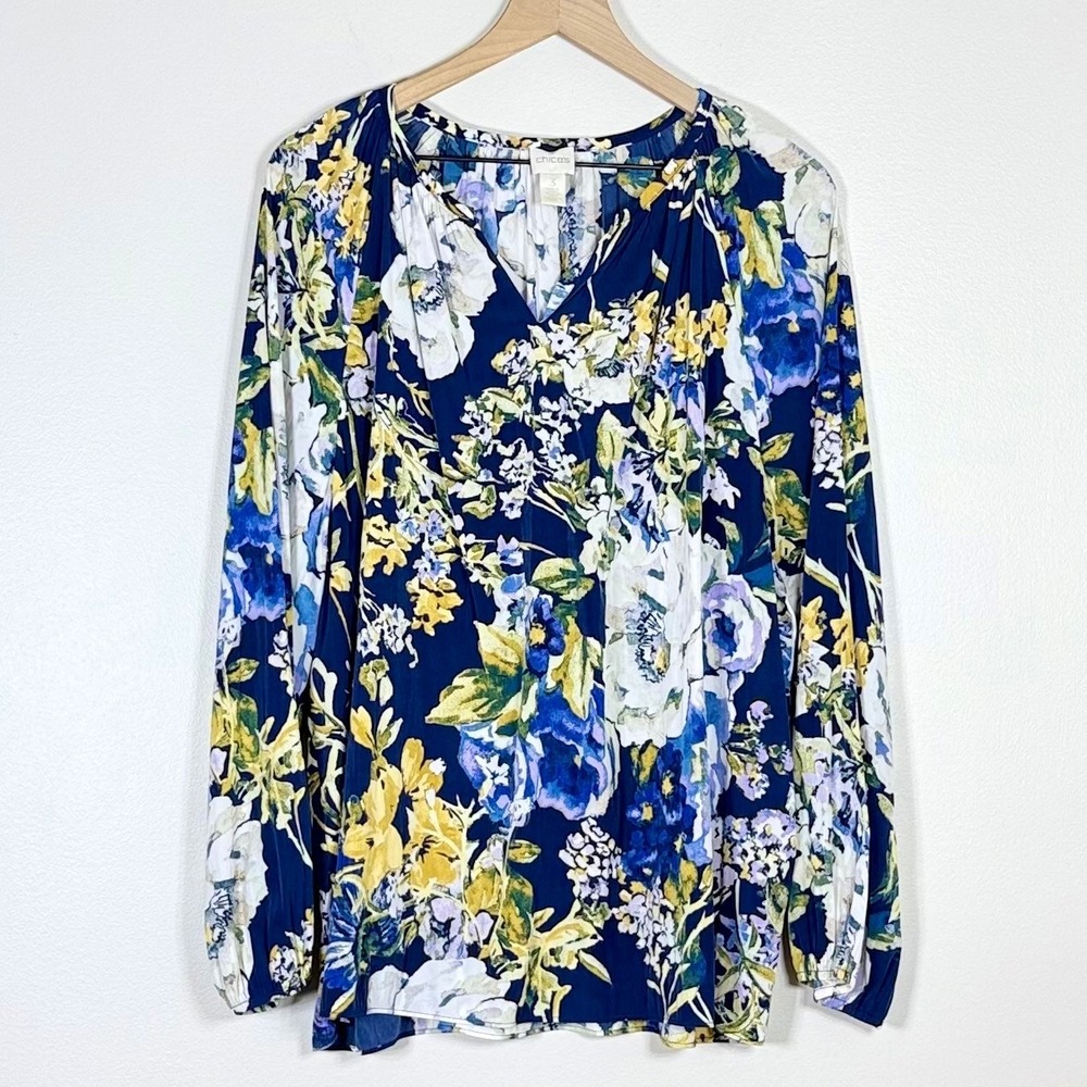 Chicos Women Blouse Top Size 3 US XL Blue Floral Long Sleeve V-Neck Boho Office